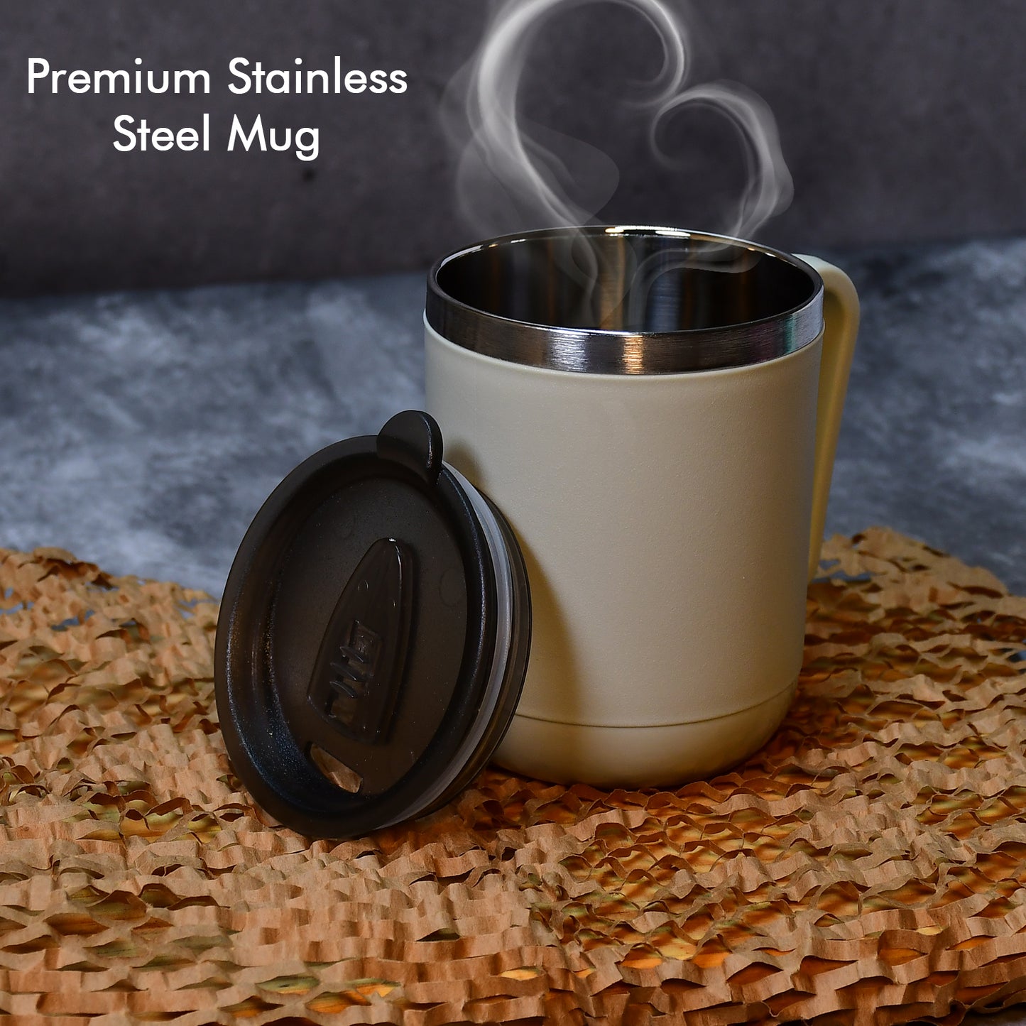Premium Stainless Steel Coffee Mug With Heat Resistant Mug Lid. Approx 400ml Mug.
